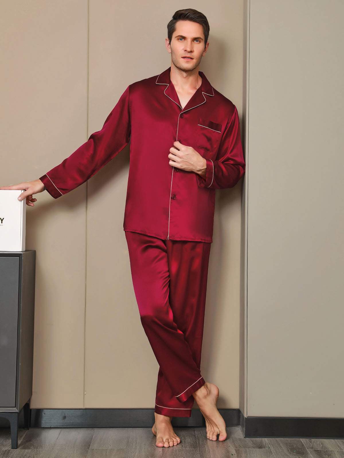 [Wine] SilkSilky-CA Pure Silk Long Sleeve Lapel Men's Pajamas 006