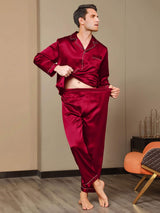[Wine] SilkSilky-CA Pure Silk Long Sleeve Lapel Men's Pajamas 008
