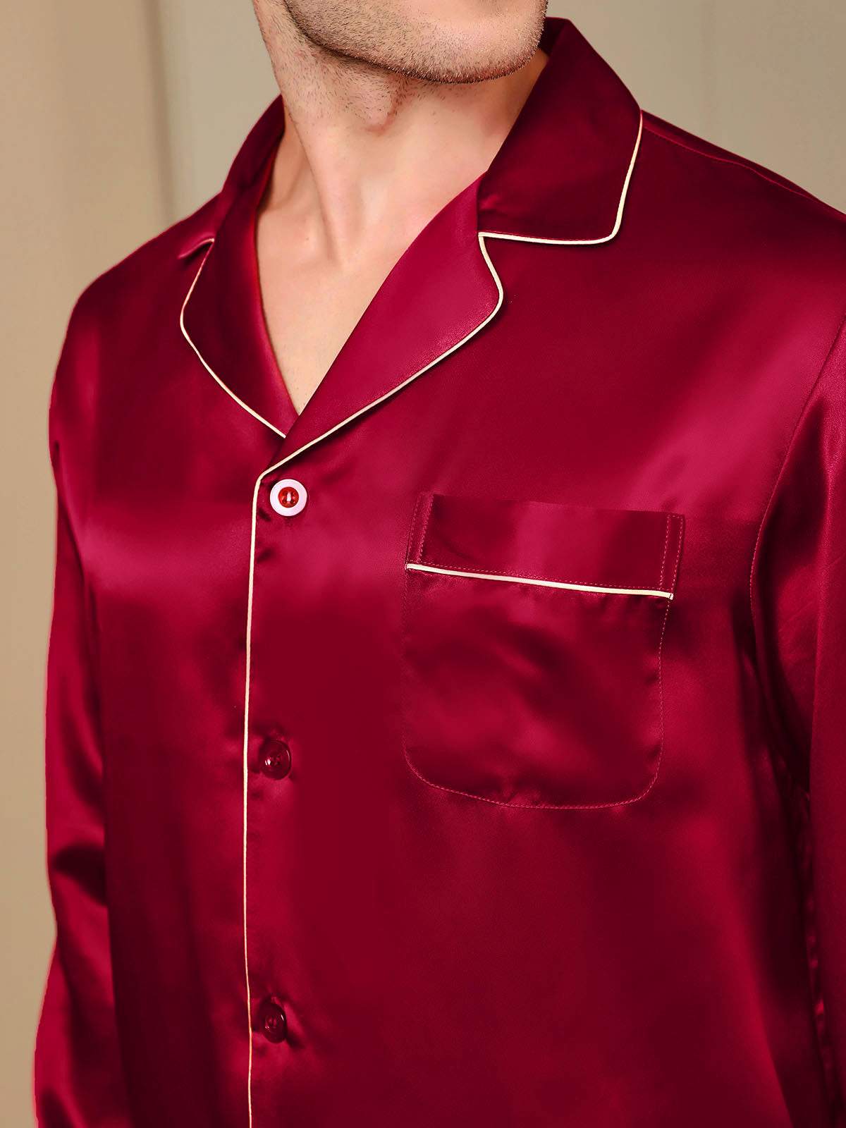 [Wine] SilkSilky-CA Pure Silk Long Sleeve Lapel Men's Pajamas 009
