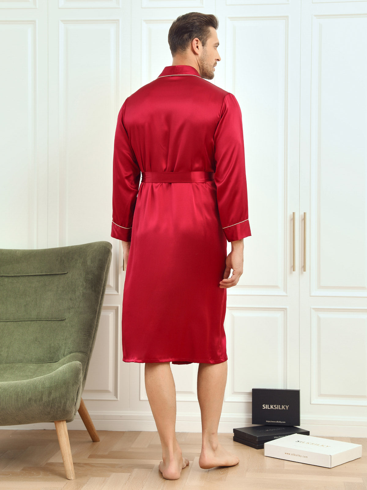 [Wine] SilkSilky-CA Pure Silk Long Sleeve Lapel Men's Robe 002