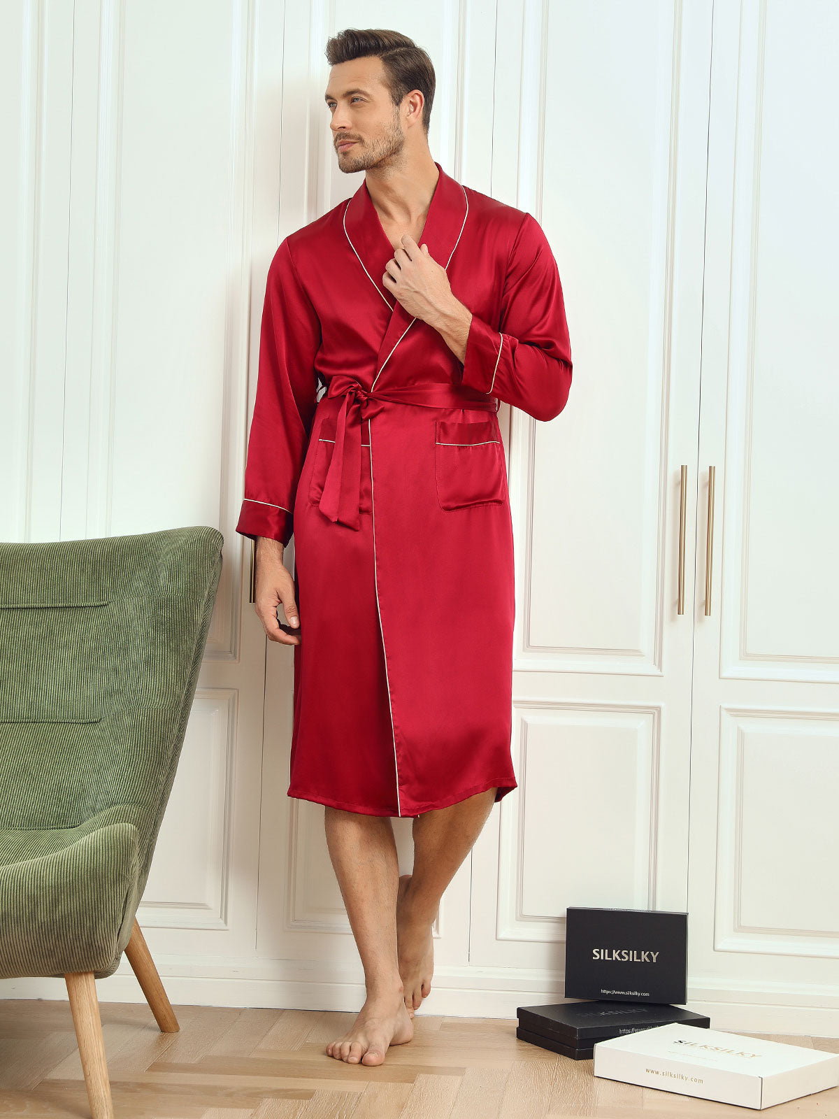 [Wine] SilkSilky-CA Pure Silk Long Sleeve Lapel Men's Robe 005