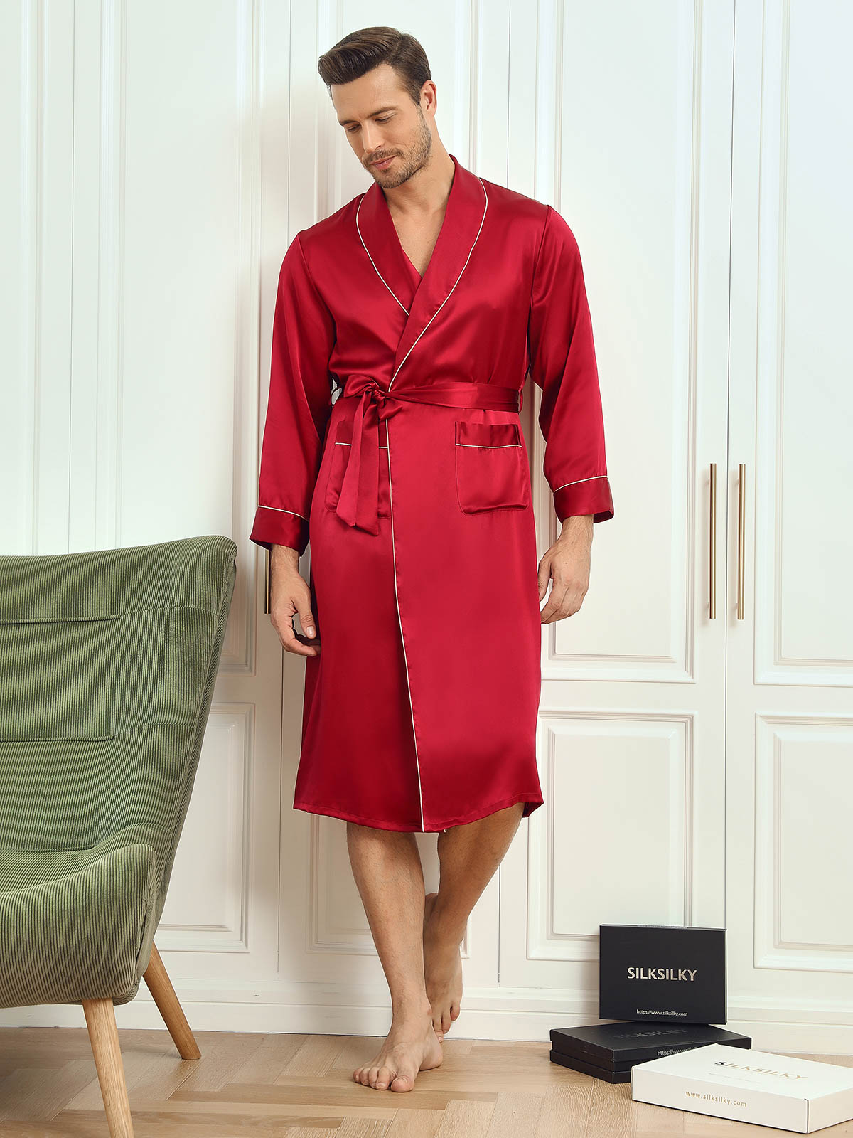 [Wine] SilkSilky-CA Pure Silk Long Sleeve Lapel Men's Robe 006