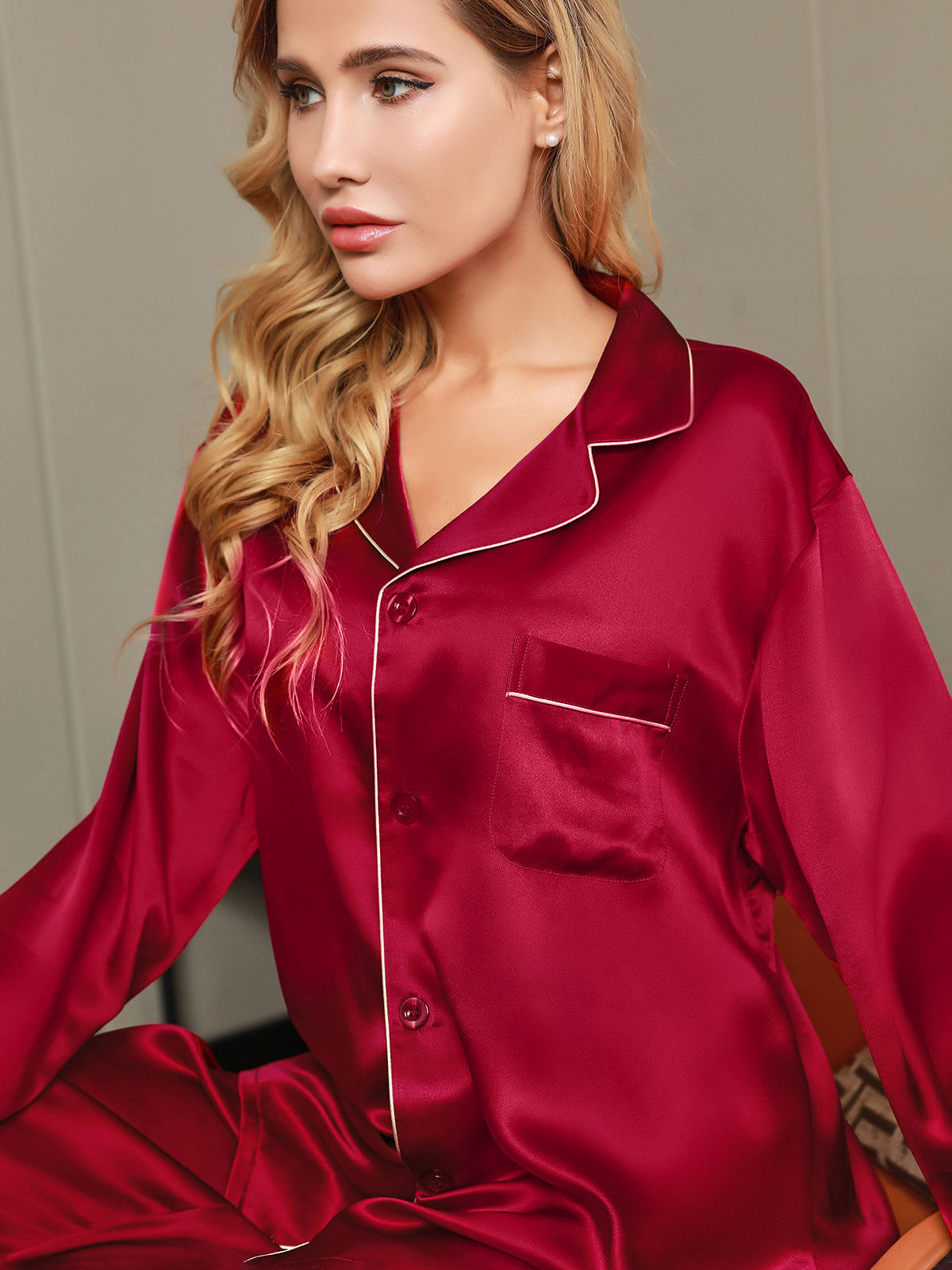 [Wine] SilkSilky-CA Pure Silk Long Sleeve Lapel Women's Pajamas 008