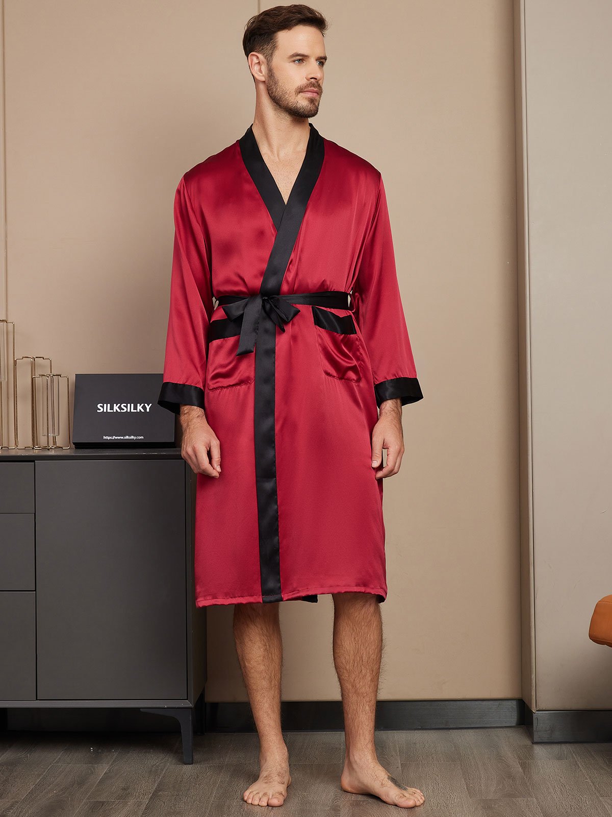 [Wine] SilkSilky-CA Pure Silk Long Sleeve Mens Robe 001