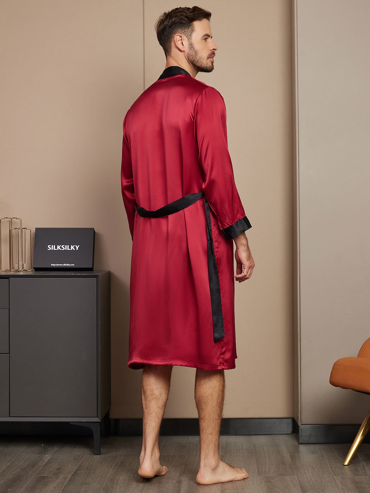 [Wine] SilkSilky-CA Pure Silk Long Sleeve Mens Robe 002