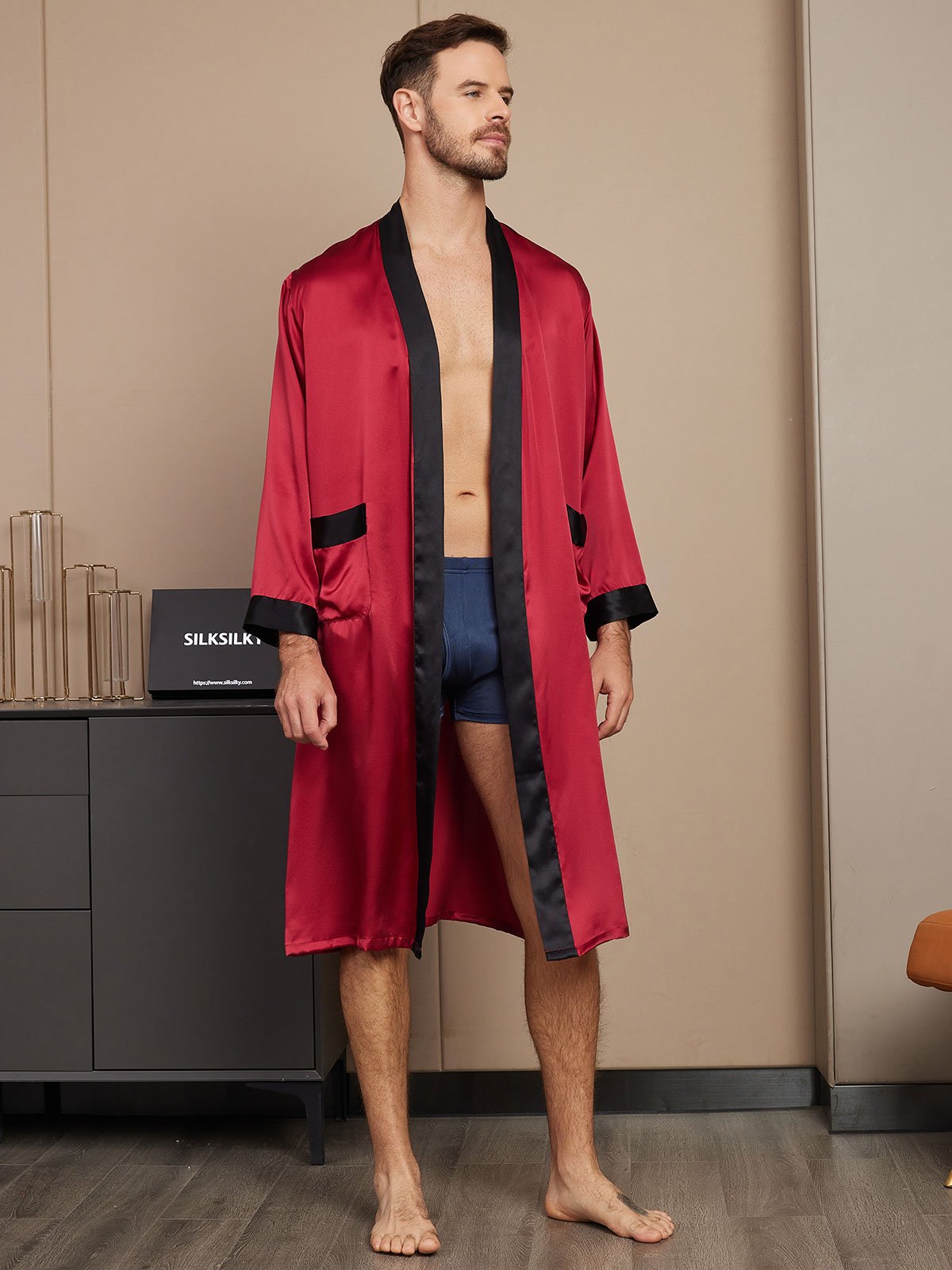 [Wine] SilkSilky-CA Pure Silk Long Sleeve Mens Robe 003
