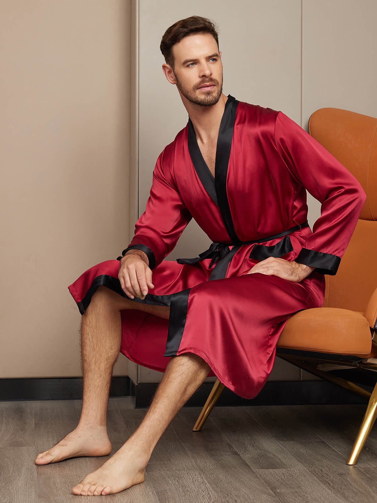 [Wine] SilkSilky-CA Pure Silk Long Sleeve Mens Robe 004