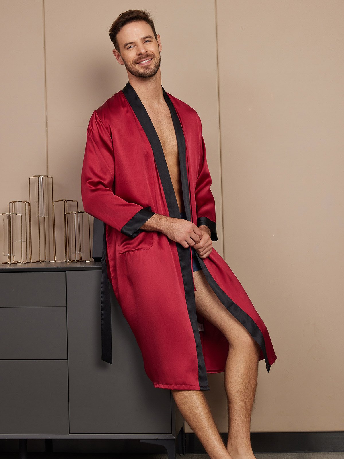 [Wine] SilkSilky-CA Pure Silk Long Sleeve Mens Robe 005
