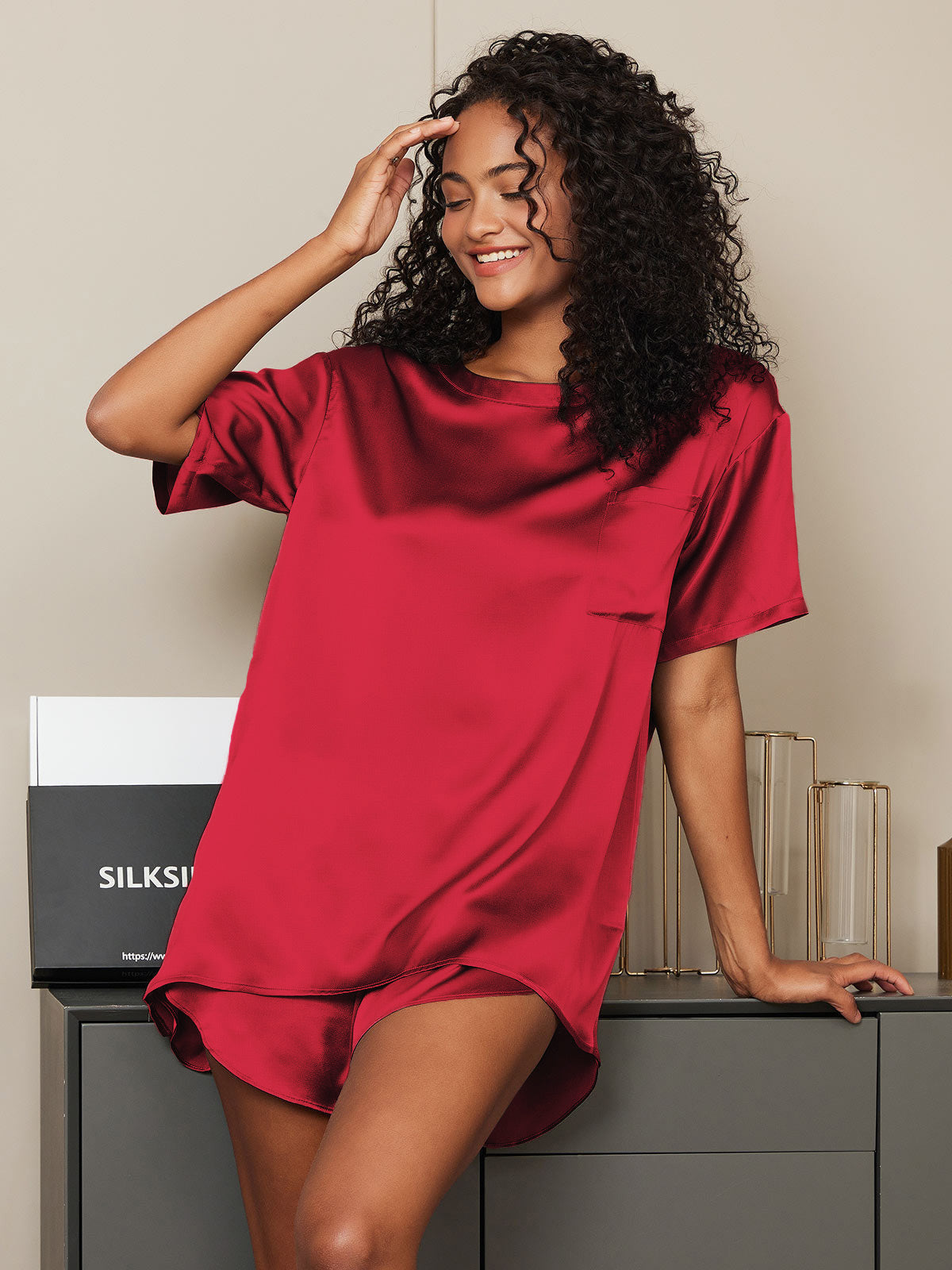[Wine] SilkSilky-CA Pure Silk Round Neck Women's Pajamas 001