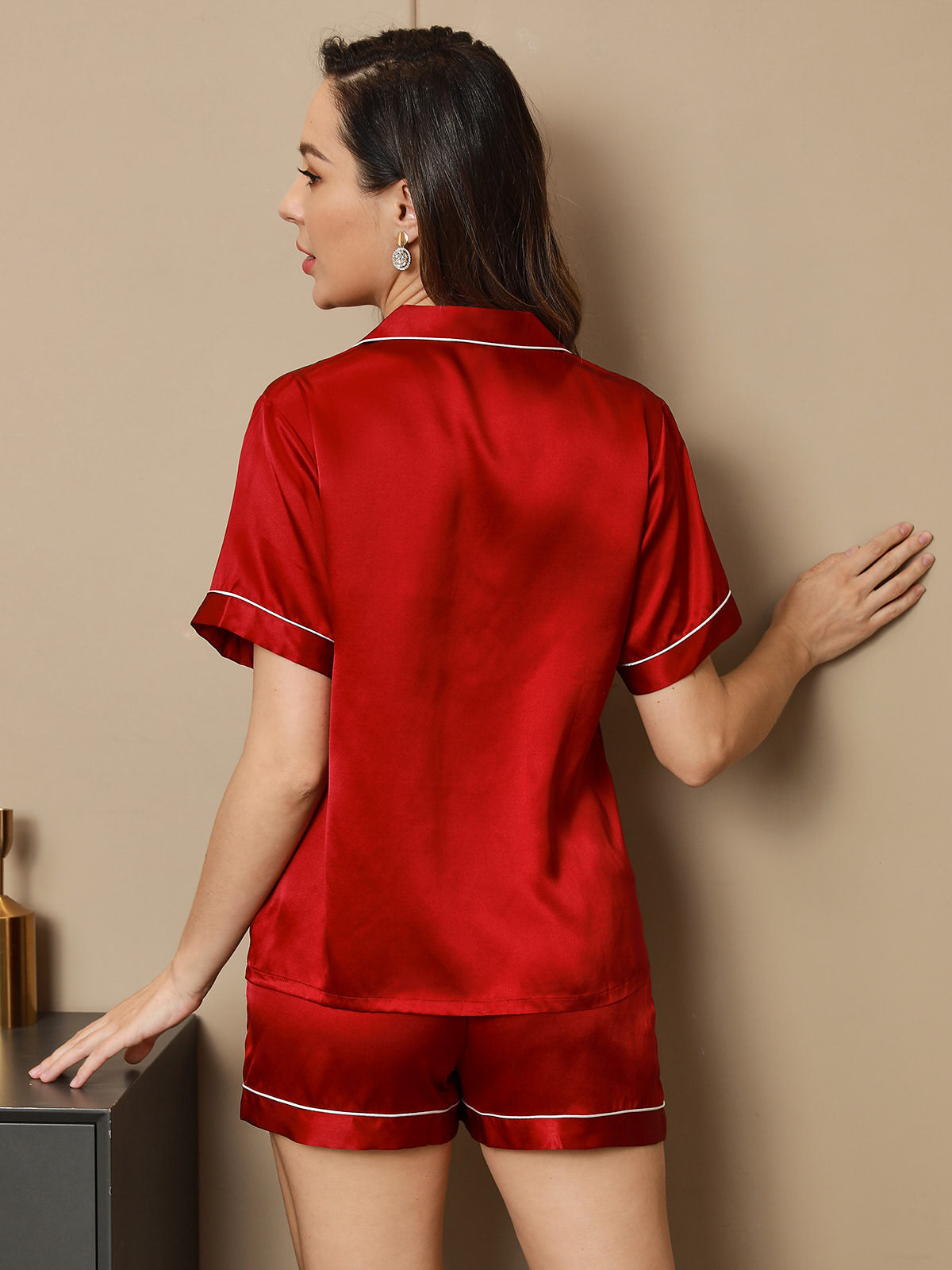 [Wine] SilkSilky-CA Pure Silk Short Sleeve Lapel Women's Pajamas 002