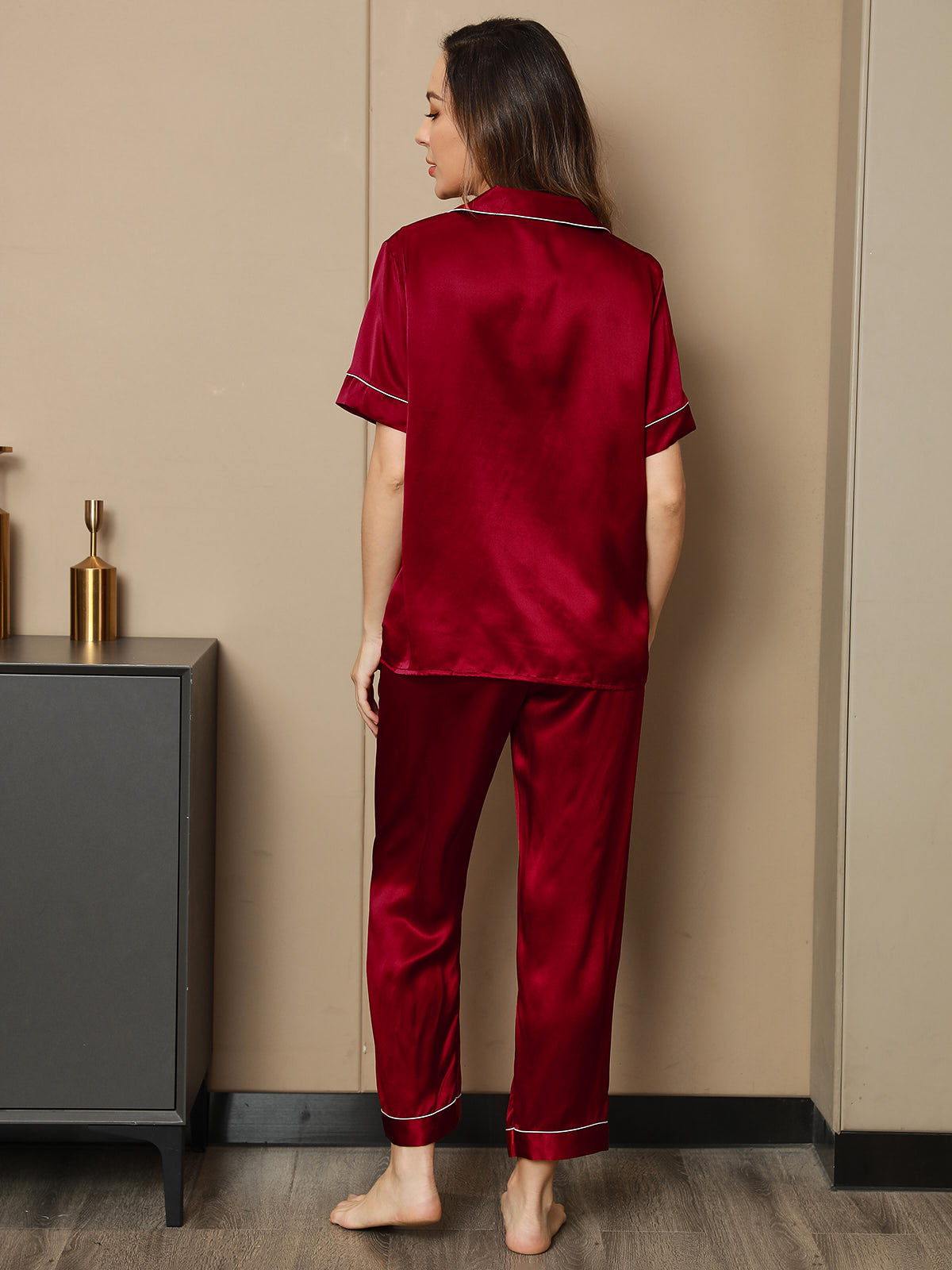 [Wine] SilkSilky-CA Pure Silk Short Sleeve Lapel Women's Pajamas 002