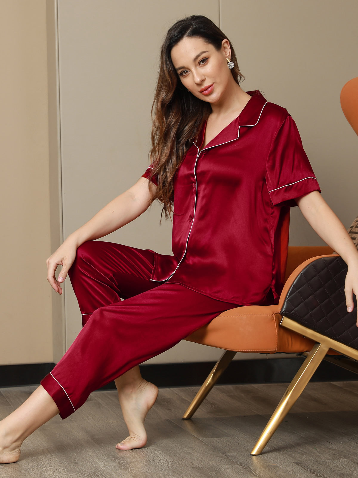 [Wine] SilkSilky-CA Pure Silk Short Sleeve Lapel Women's Pajamas 003