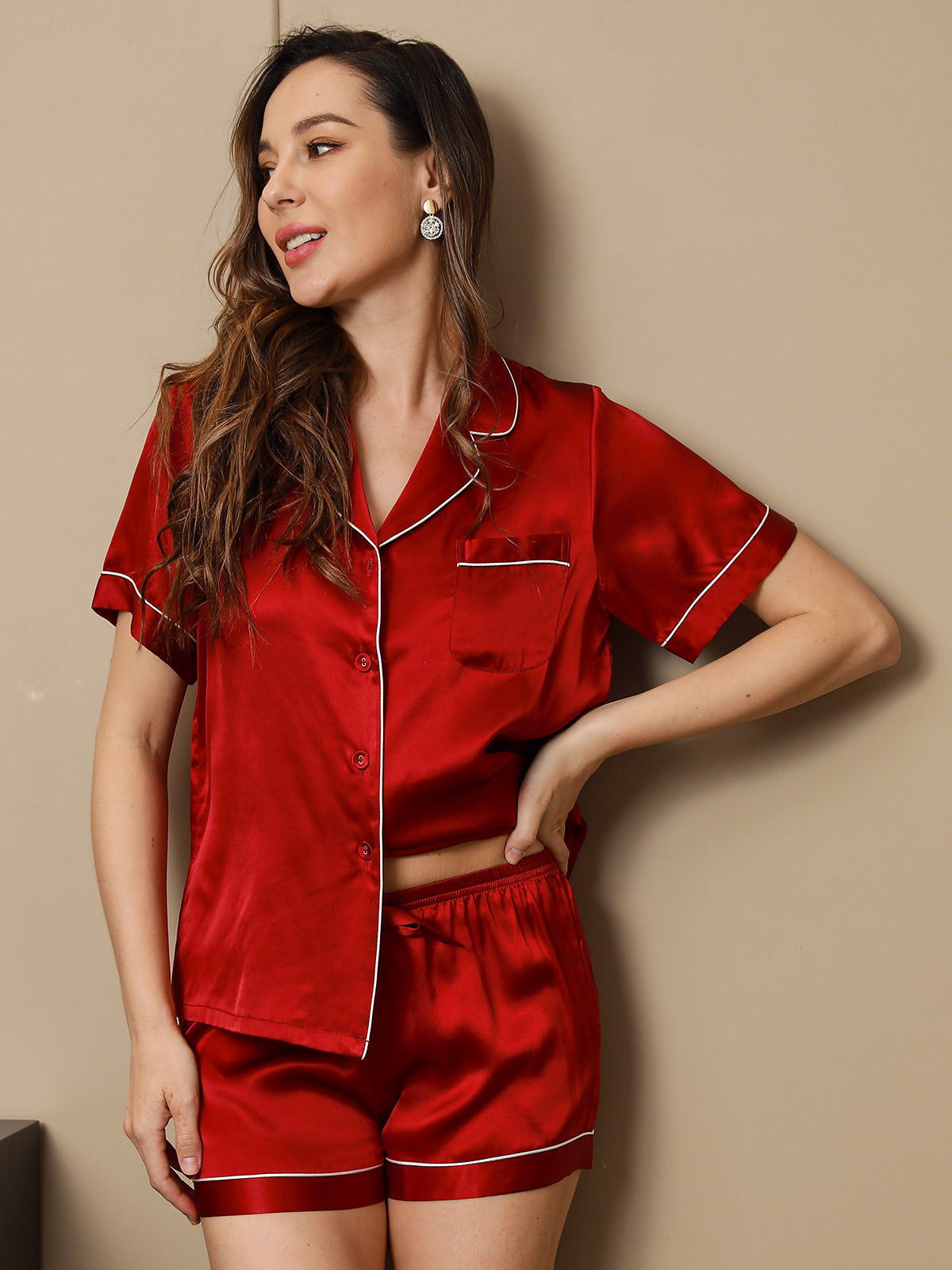 [Wine] SilkSilky-CA Pure Silk Short Sleeve Lapel Women's Pajamas 005