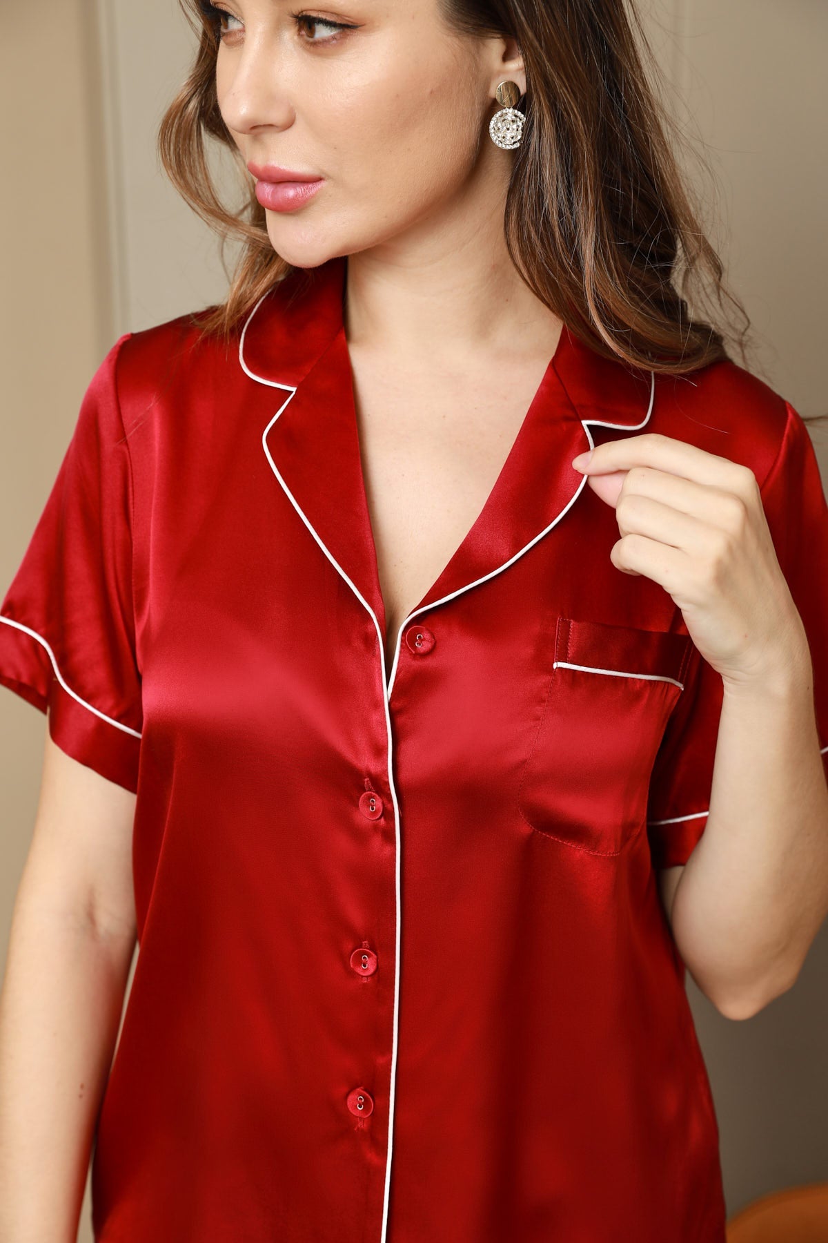 [Wine] SilkSilky-CA Pure Silk Short Sleeve Lapel Women's Pajamas 008