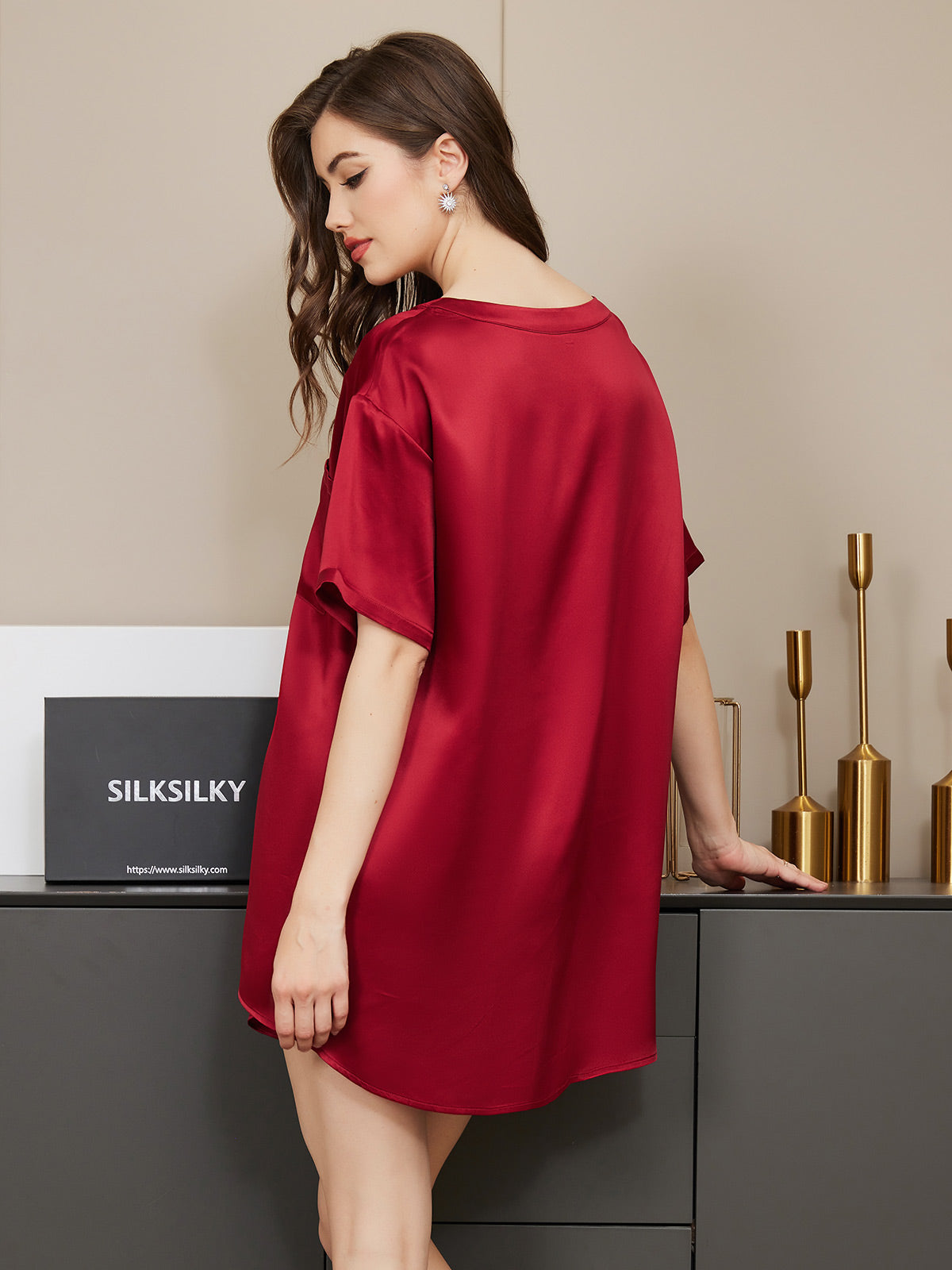 [Wine] SilkSilky-CA Pure Silk Short Sleeve Round Neck Women's Pajamas 002