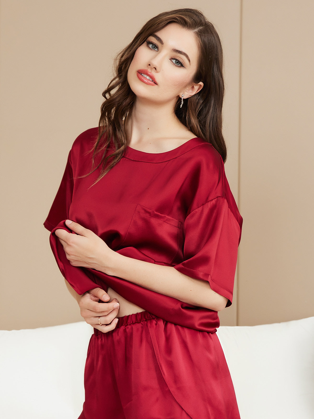 [Wine] SilkSilky-CA Pure Silk Short Sleeve Round Neck Women's Pajamas 003