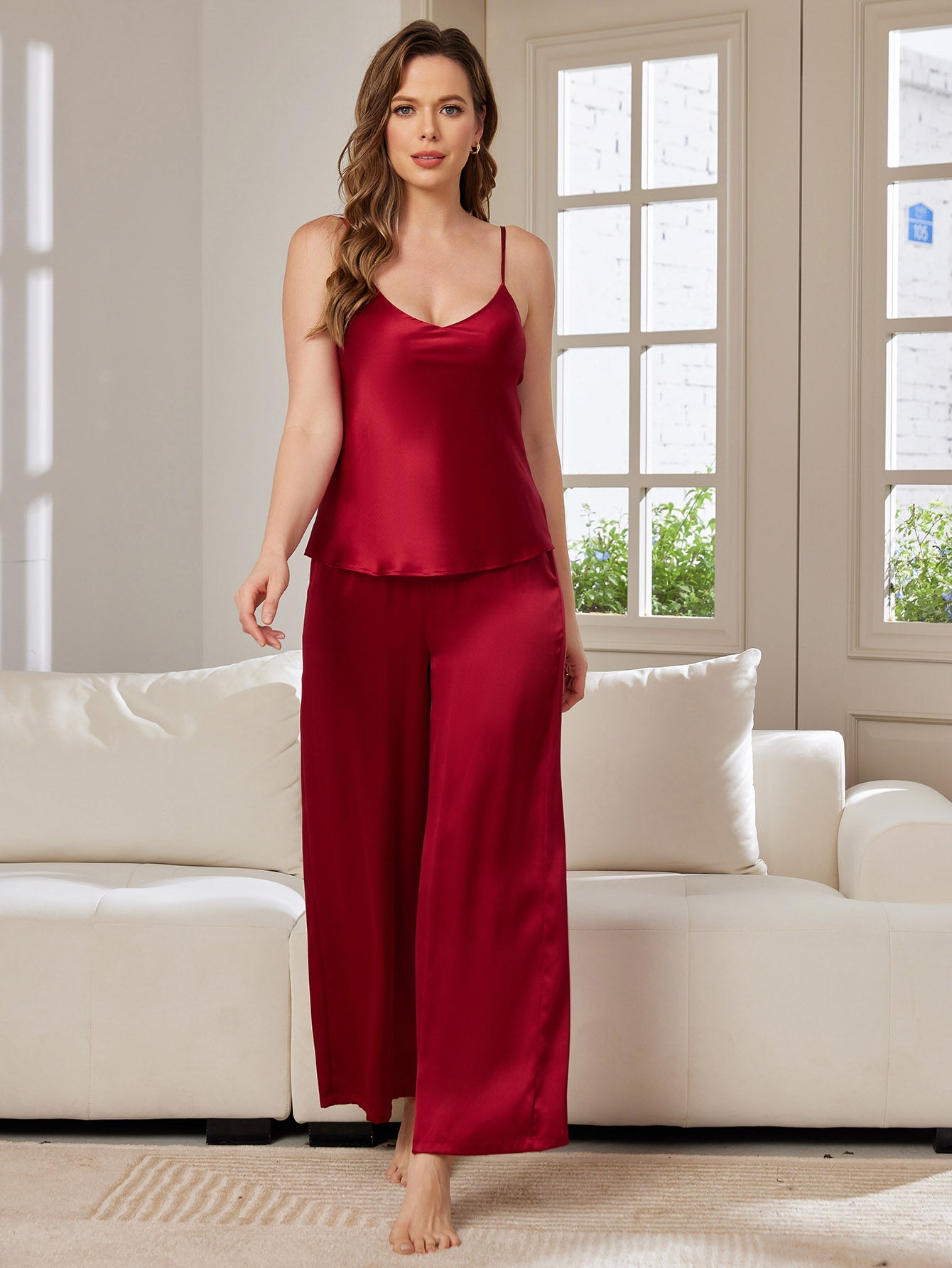 [Wine] SilkSilky-CA Pure Silk V Neck Camisole Set 001