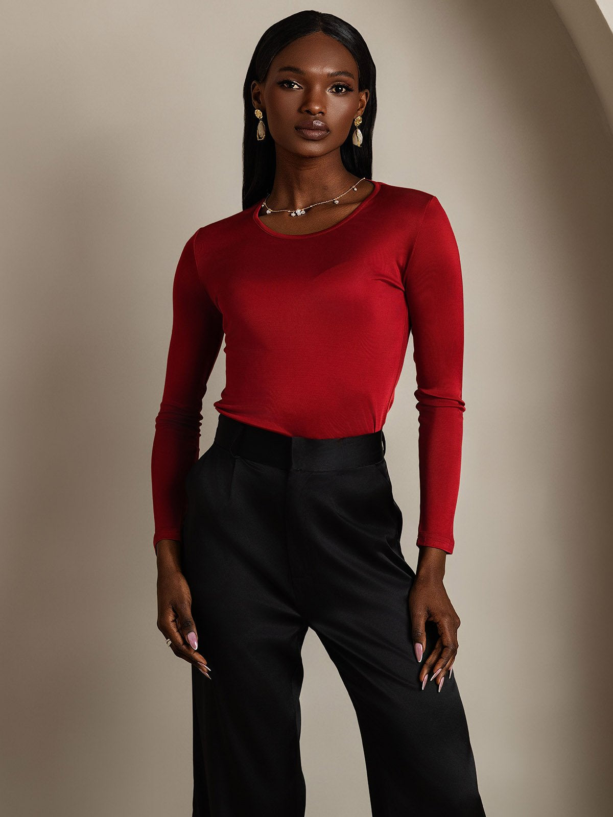 [Wine] SilkSilky-CA Silk Long Sleeve Round Neck Women's T-Shirt 003