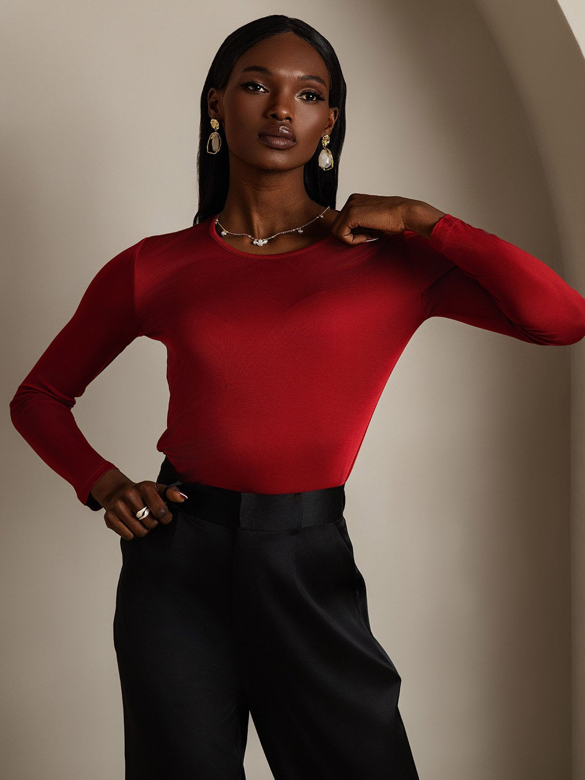 [Wine] SilkSilky-CA Silk Long Sleeve Round Neck Women's T-Shirt 004