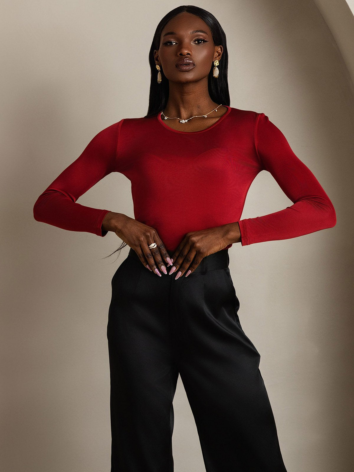[Wine] SilkSilky-CA Silk Long Sleeve Round Neck Women's T-Shirt 005
