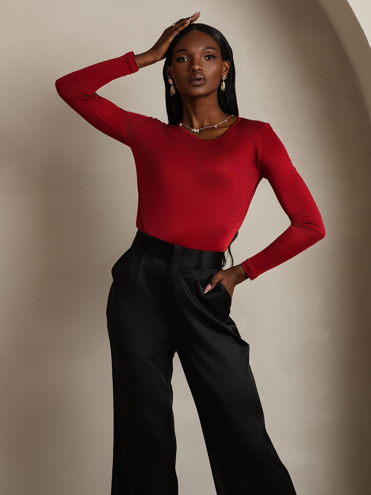 [Wine] SilkSilky-CA Silk Long Sleeve Round Neck Women's T-Shirt 006