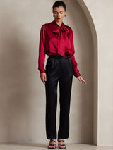 [Wine] SilkSilky-CA 19Momme Stretch Silk Charmeuse Long Sleeve Tie Neck Blouse 005