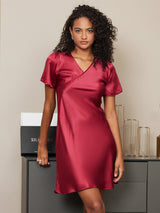[Wine] SilkSilky-CA Short Sleeve V Neck Nightgown 004
