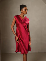 [Wine] SilkSilky-CA Cap Sleeve V Neck Dress 001