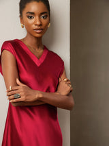 [Wine] SilkSilky-CA Cap Sleeve V Neck Dress 003
