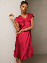 [Wine] SilkSilky-CA Cap Sleeve V Neck Dress 004