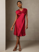 [Wine] SilkSilky-CA Cap Sleeve V Neck Dress 005