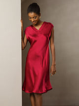 [Wine] SilkSilky-CA Cap Sleeve V Neck Dress 007