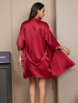 [Wine] SilkSilky-CA 3/4 Sleeve V Neck Women's Pajamas 002