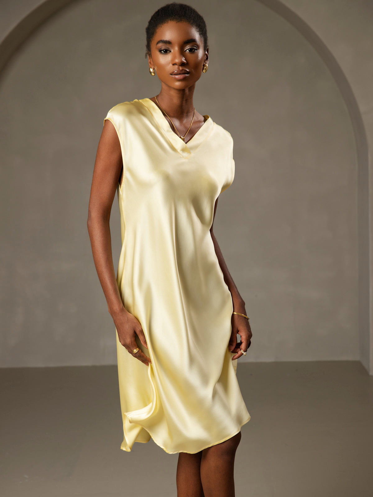[Yellow] SilkSilky-CA Pure Silk Sleeveless V Neck Nightgown 004