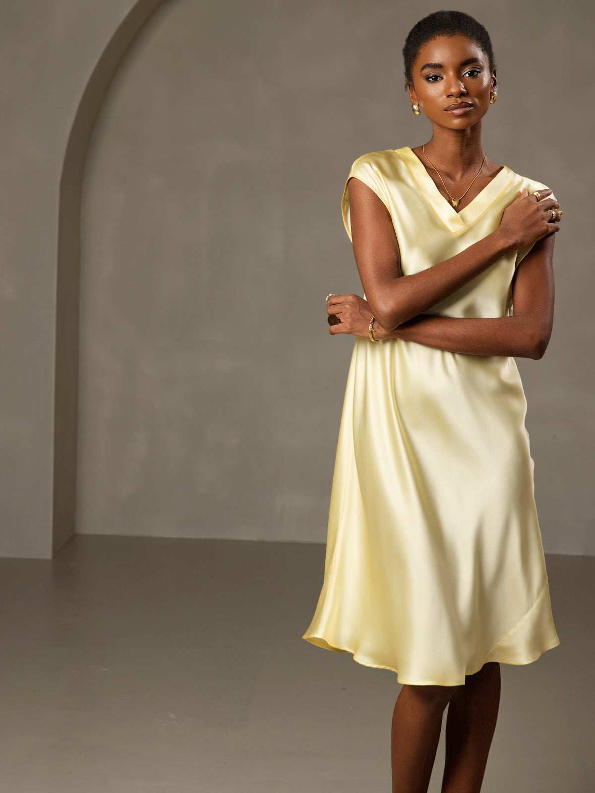 [Yellow] SilkSilky-CA Pure Silk Sleeveless V Neck Nightgown 004