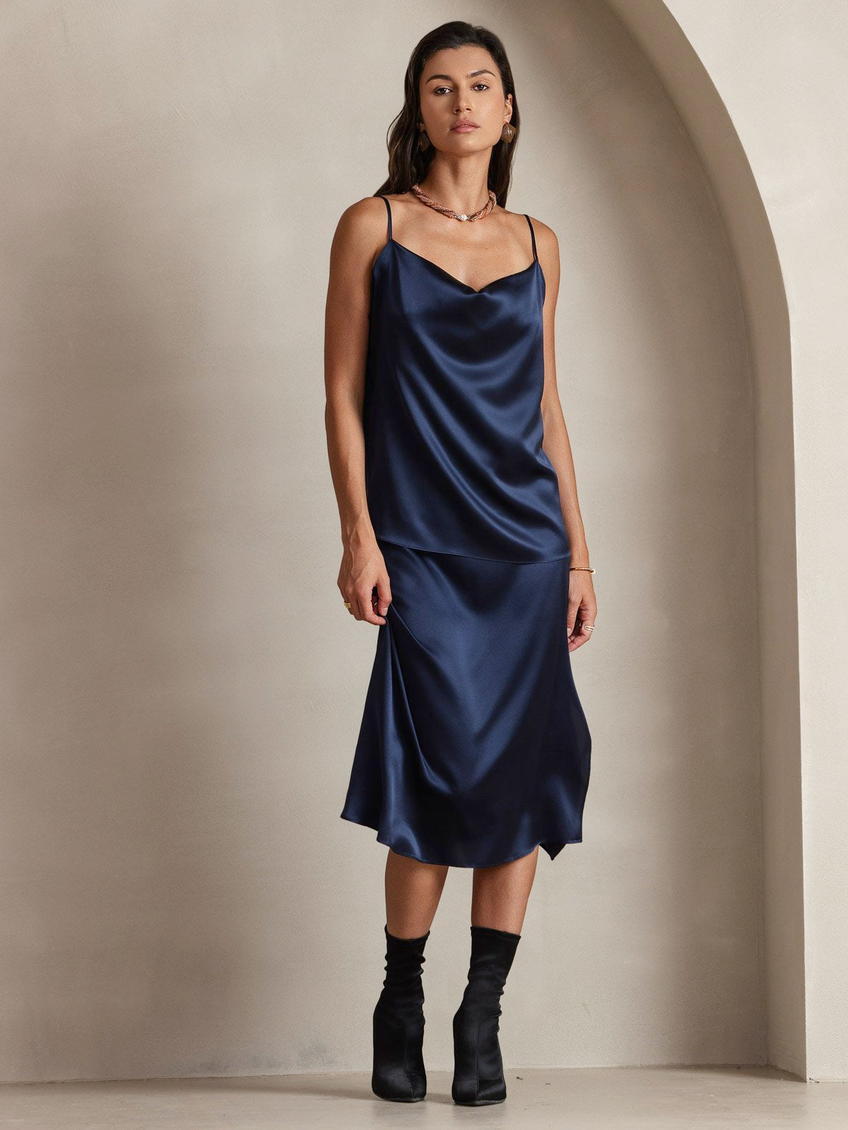 [Dark Blue] SilkSilky-CA 19Momme Silk Spaghetti Strap Cowl Neck Camisole 007