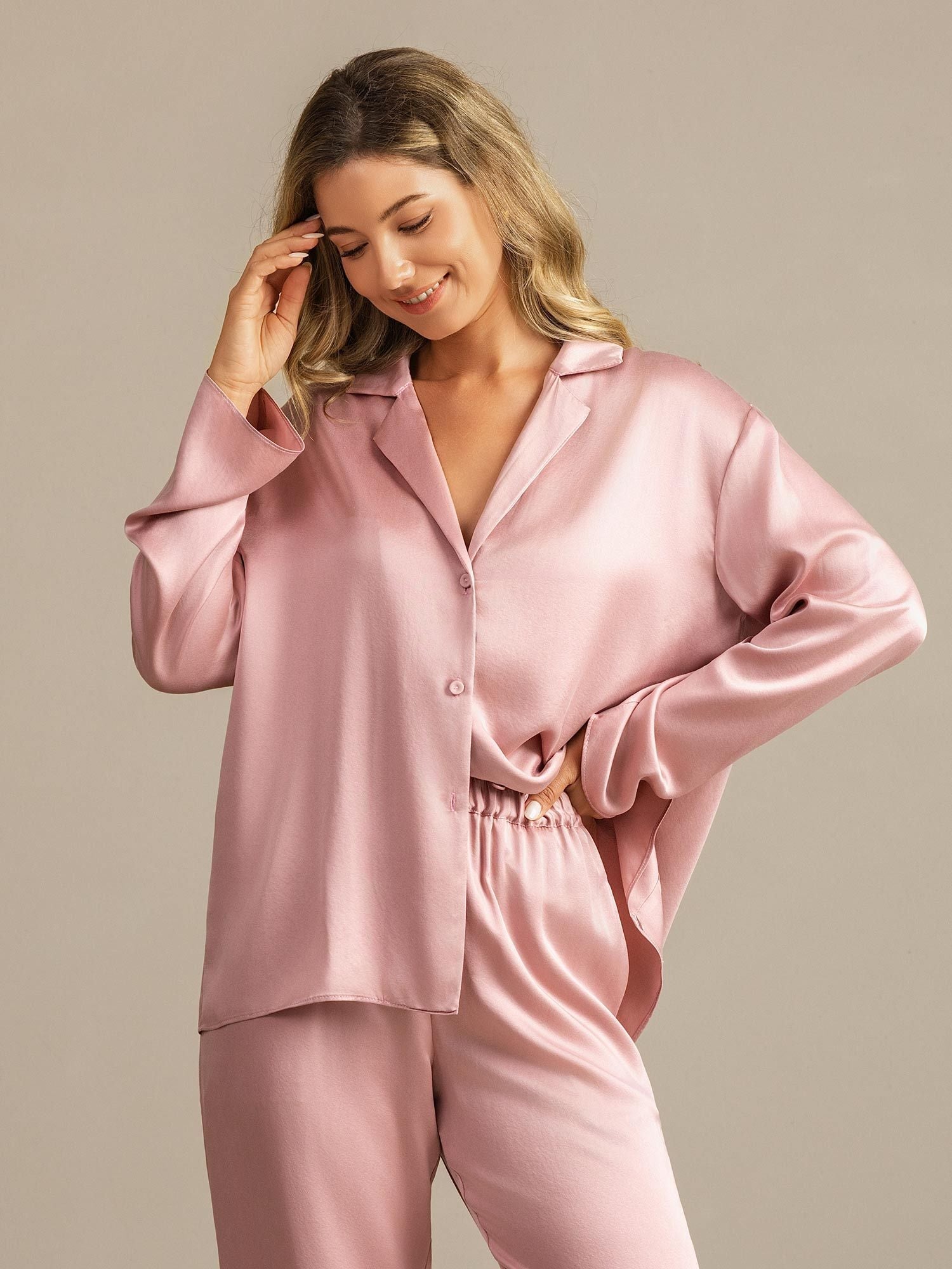 [Peach Skin] SilkSilky-CA 19Momme Machine-Washable Silk Long Sleeve Notch Collar Women's Pajamas 007