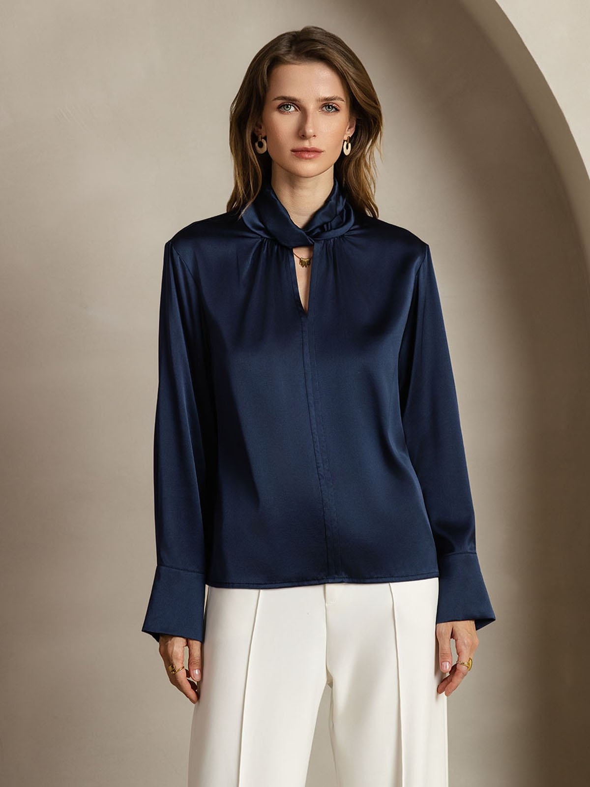[DarkBlue] SilkSilky-CA 19Momme Silk Keyhole Neck Women's Shirt 001