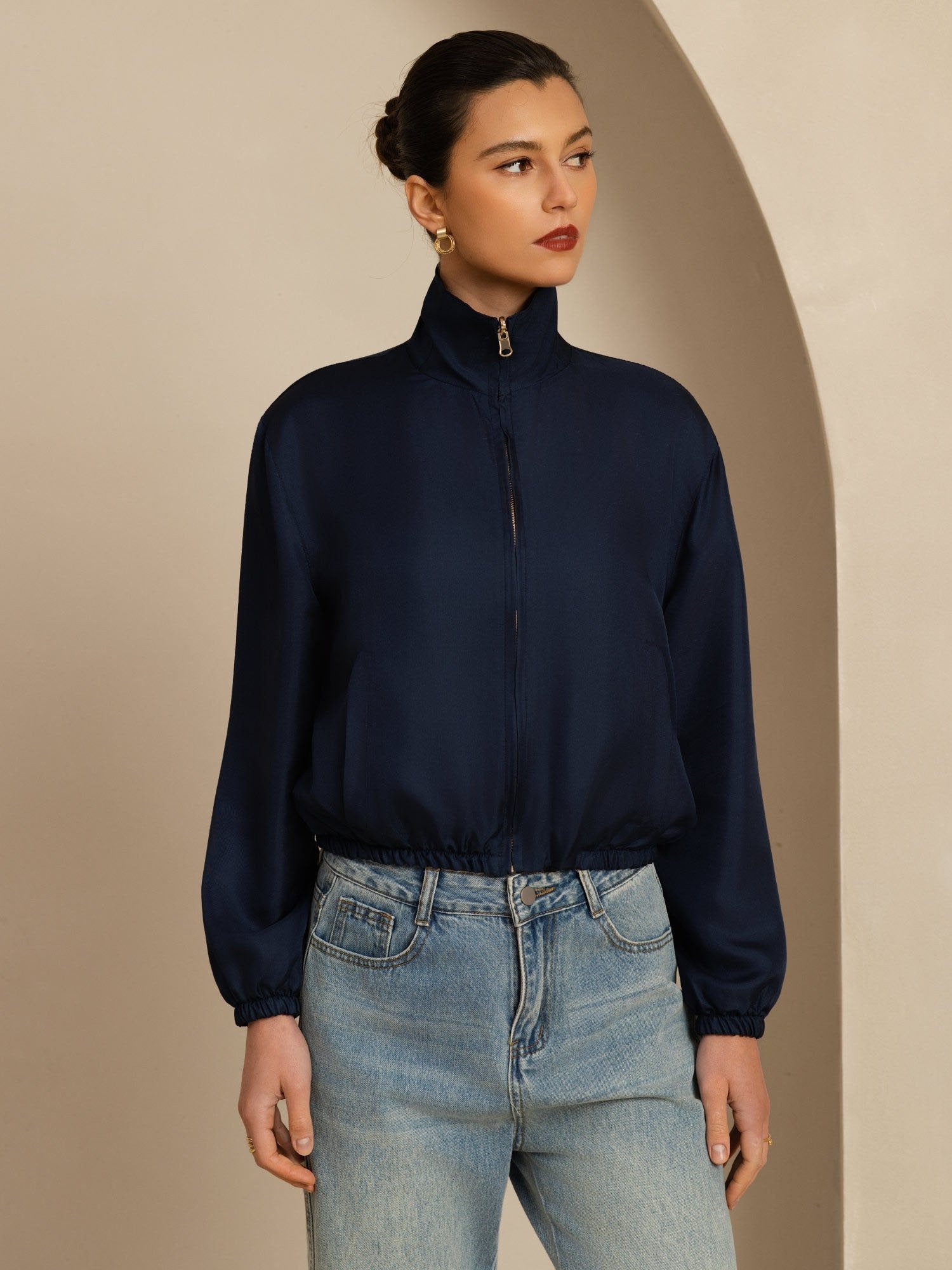 [Black+DarkBlue] SilkSilky-CA 18Momme Silk Satin Surah Long Sleeve Stand Collar Women's Outerwear 004