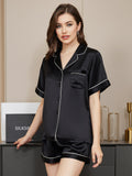 SilkSilky-CA Pure Silk Short Sleeve Lapel Women's Pajamas Black 003