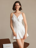 SilkSilky-CA Pure Silk Deep V Neck Dress White 006