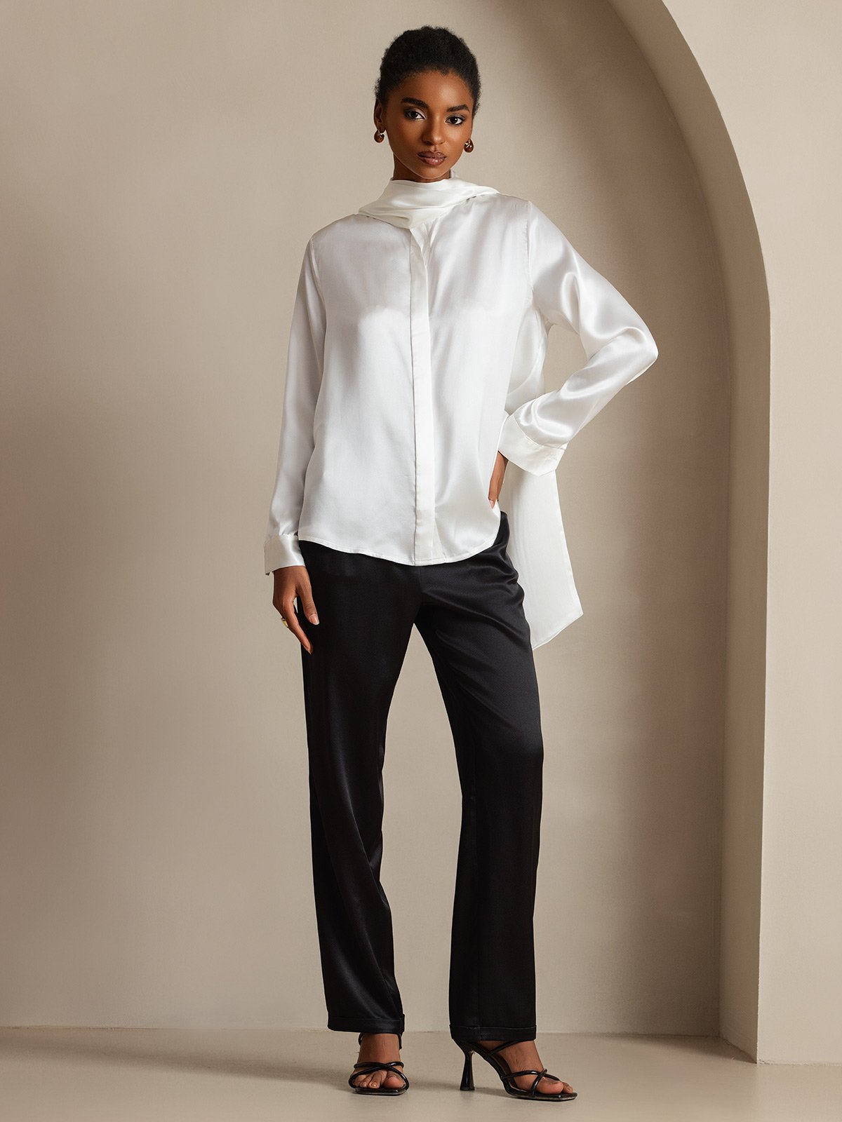 [White] SilkSilky-CA 19Momme Silk High Neck Women's Shirt 006,