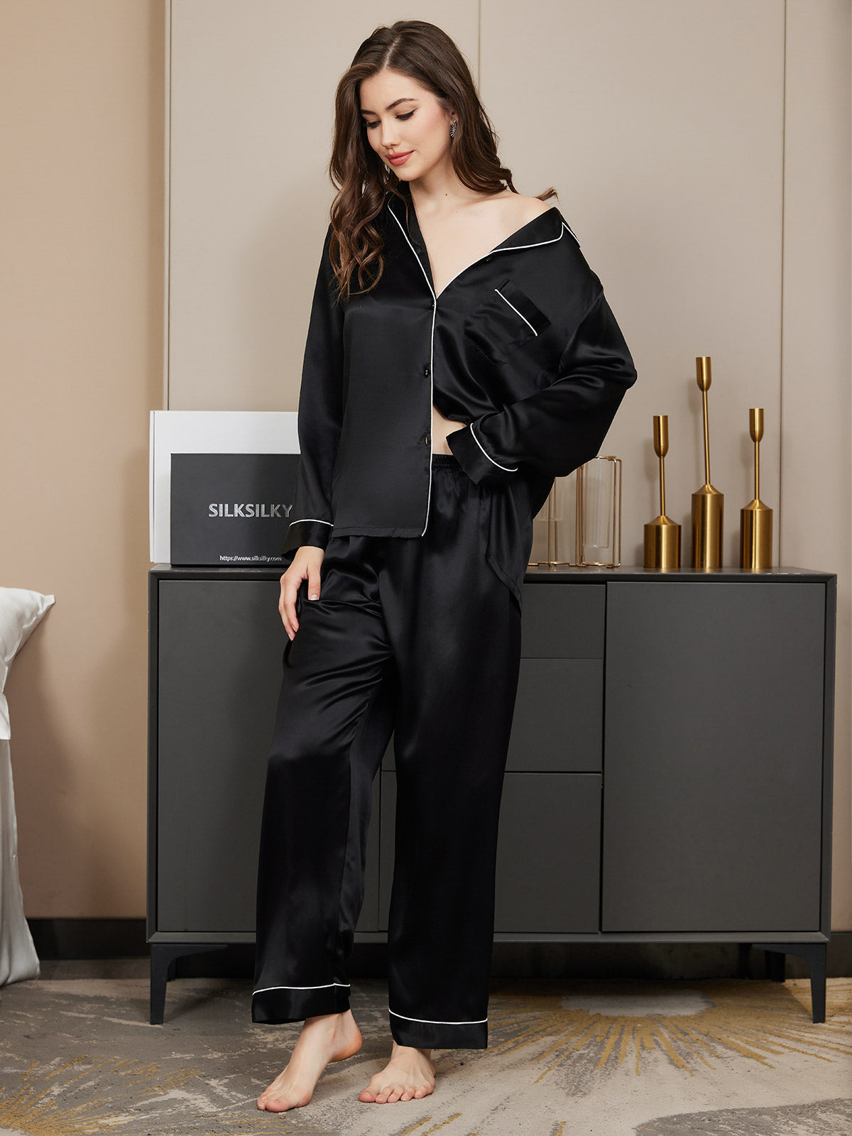 SilkSilky-CA Pure Silk Long Sleeve Lapel Women's Pajamas Black 004