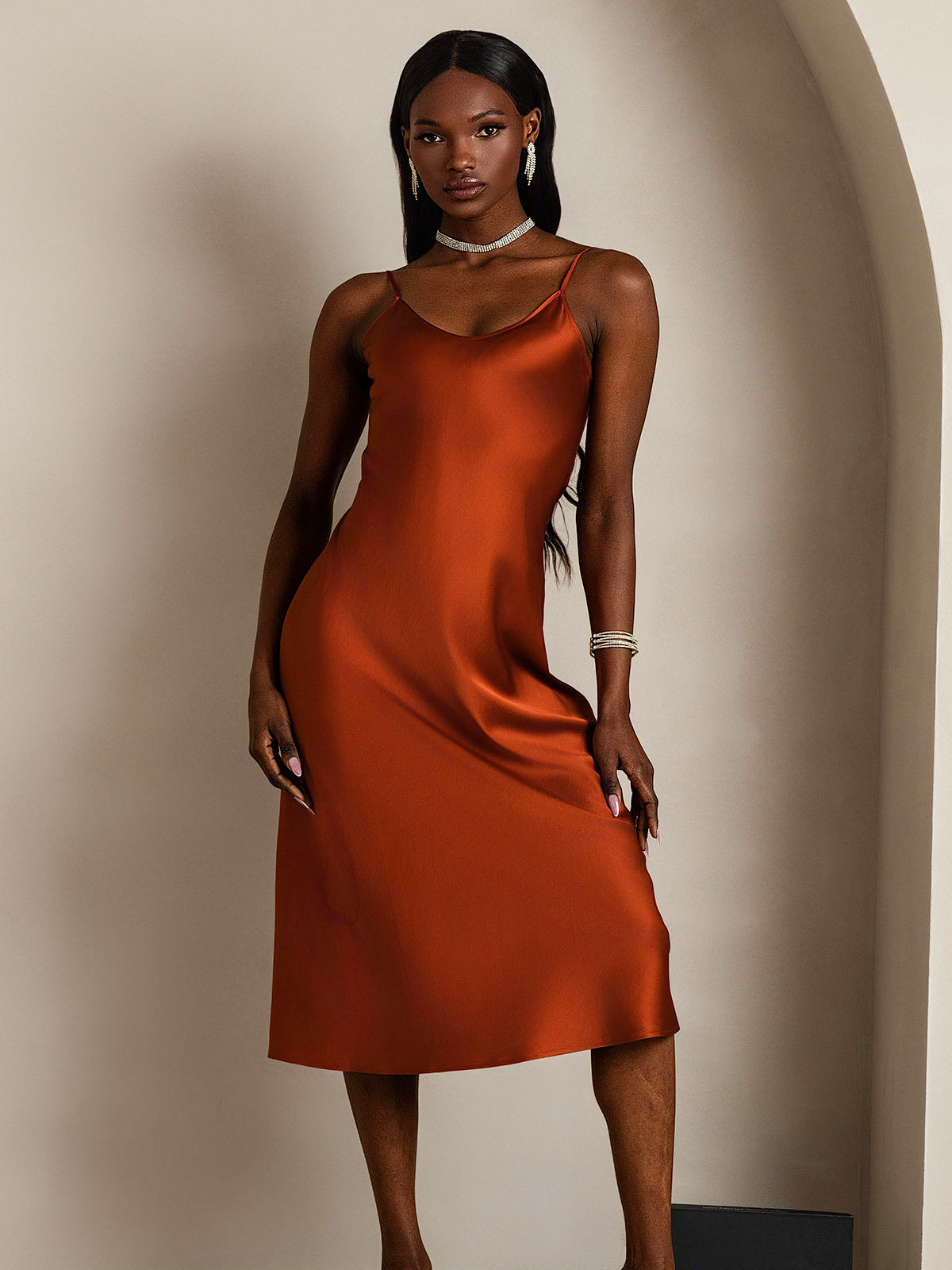 SilkSilky-CA Pure Silk Sleeveless Round Neck Dress Caramel 004