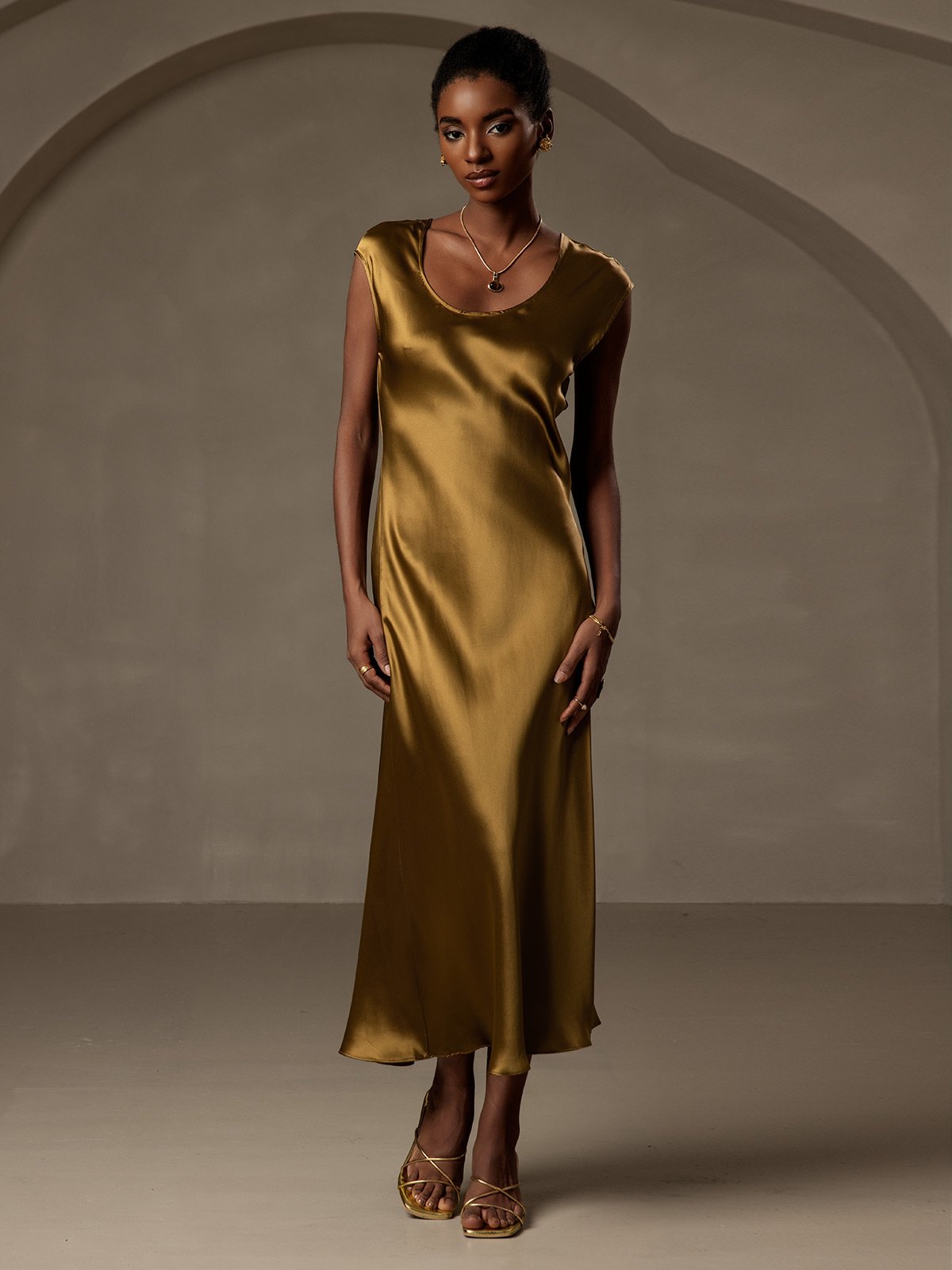 [Brown] SilkSilky-CA Cap Sleeve Dress 001