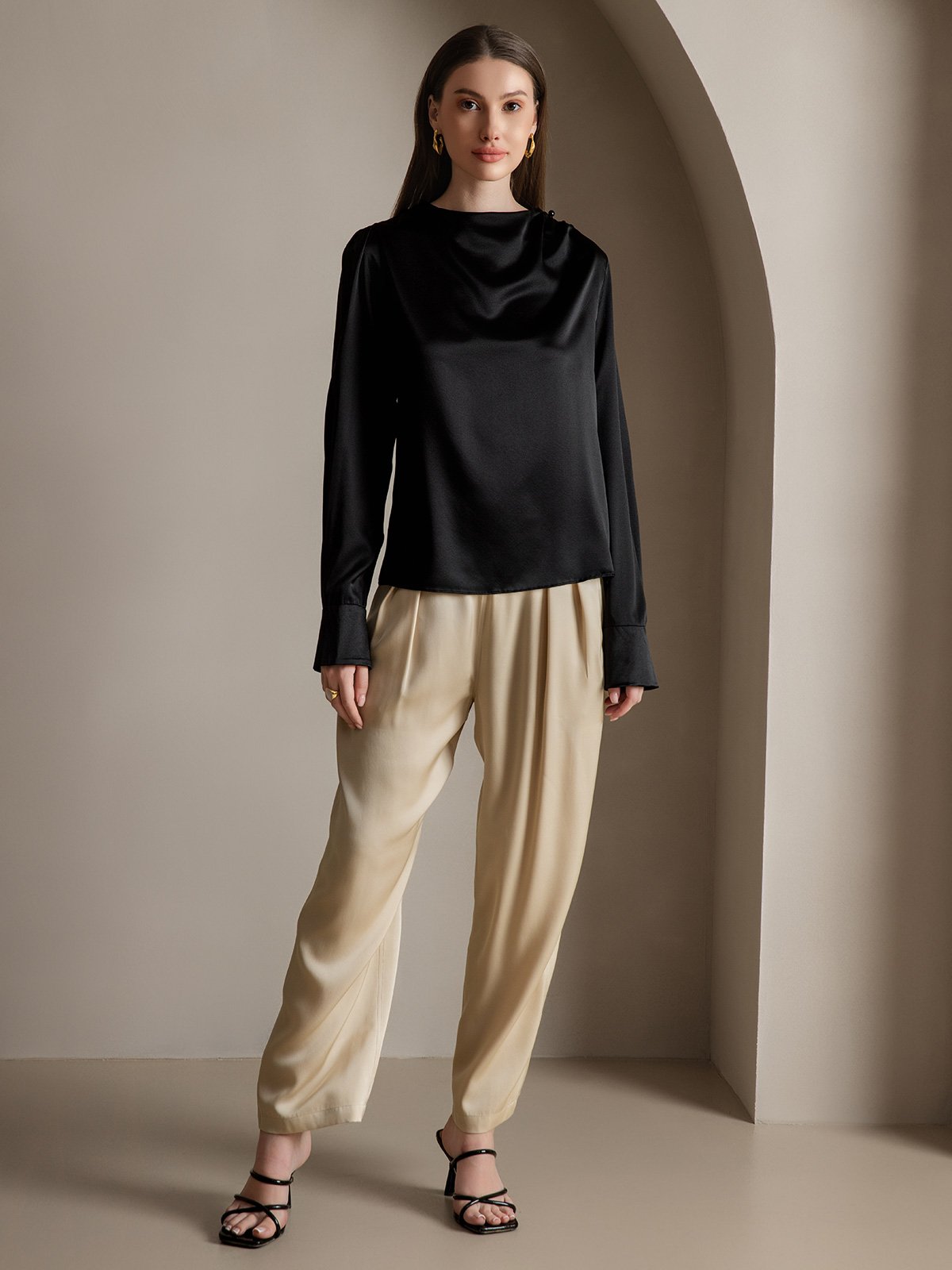 [Black] SilkSilky-CA 19Momme Silk Boat Neck Women's Shirt 008