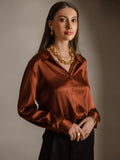 SilkSilky CA Silk Long Sleeve Collar Women's Shirt Coffee 004