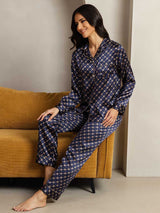 [Navy Chain] SilkSilky-CA Long Sleeve Lapel Collar Women's Pajamas 004