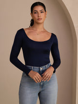 [Dark Blue] SilkSilky-CA Long Sleeve U Neck Women's T-Shirt 003