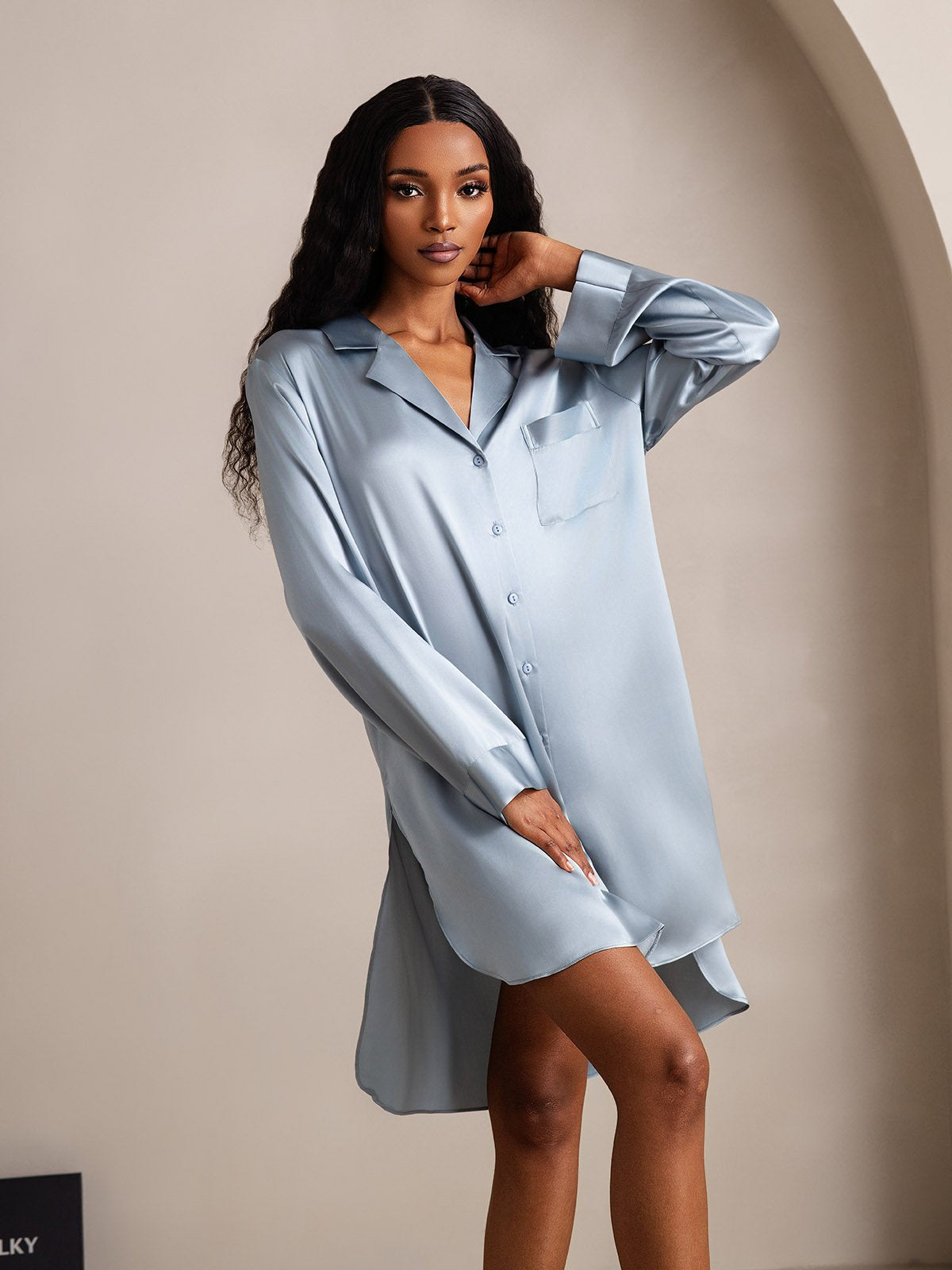 [GrayishBlue] SilkSilky-CA Pure Silk Split Nightgown 007